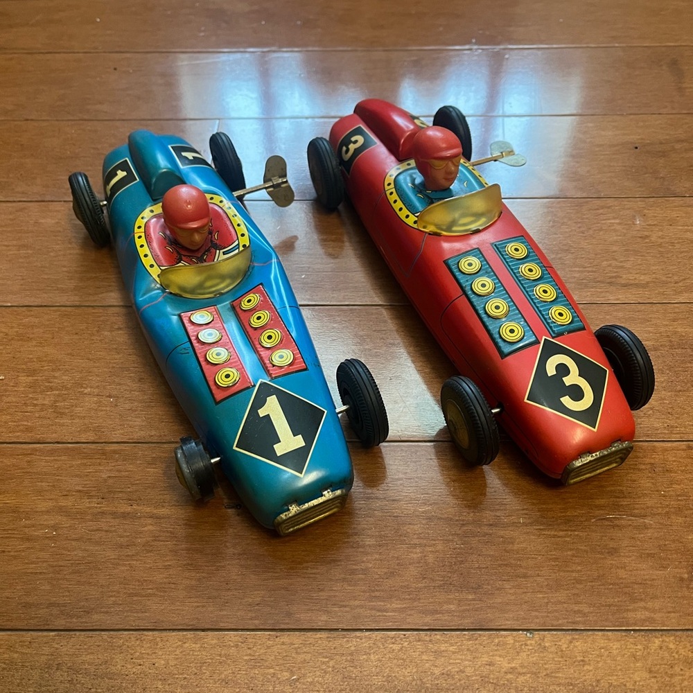 1950’s Tim Racer Car Wind Up Toys #1 Blue & #3 Red